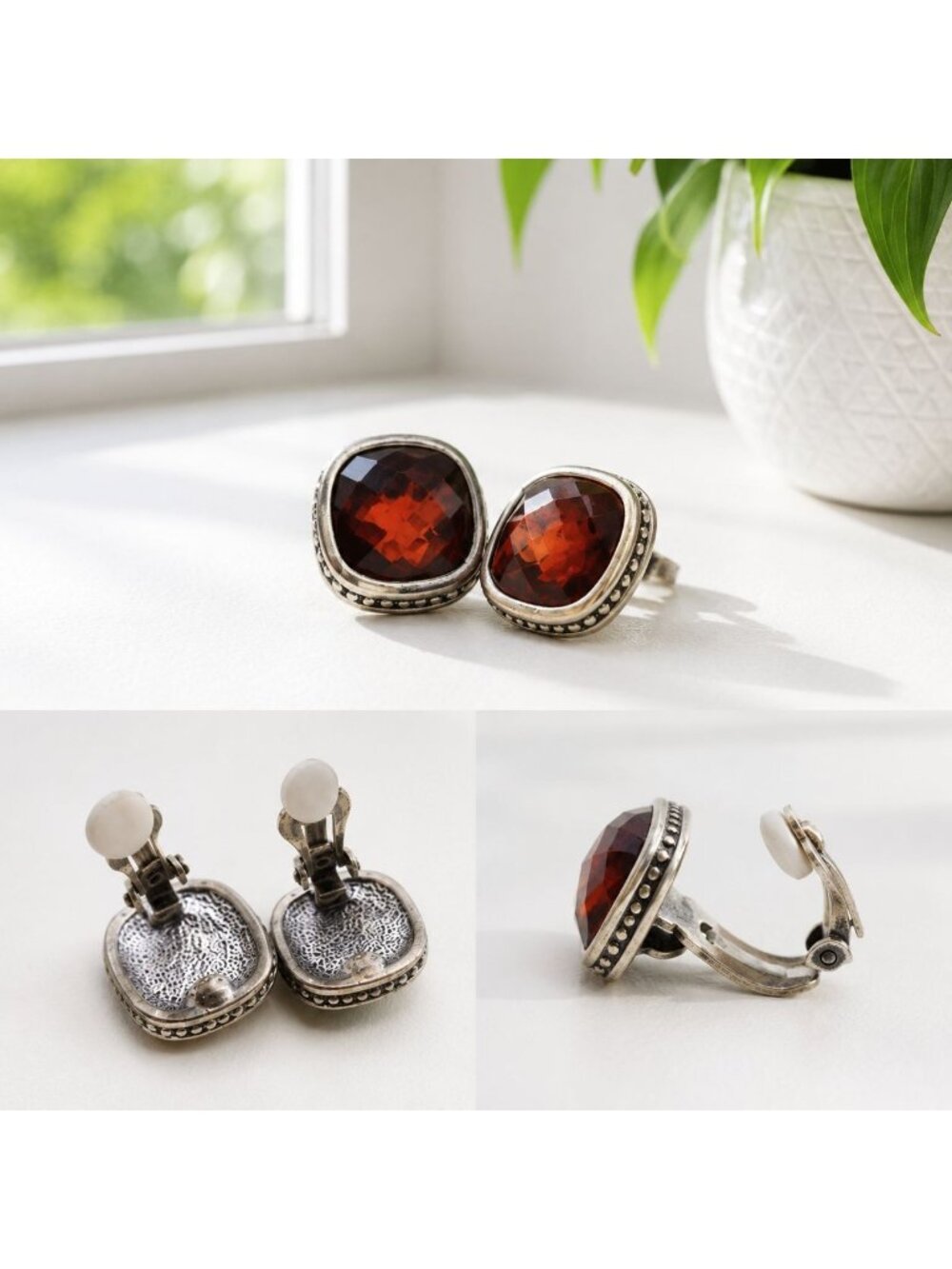 Vintage Silver-Tone Clip-On Earrings With Red Faceted Gemstones Elegant Square D